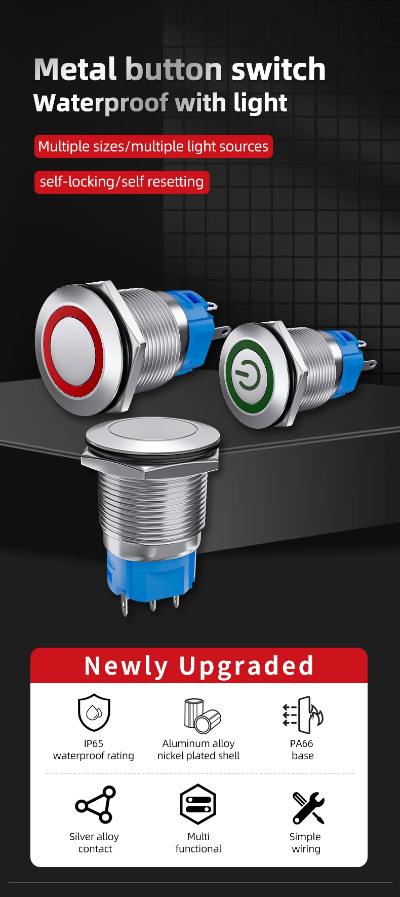 High Quality Brass IP65 Home Appliance Push Button Switches 12mm-22mm Momentary