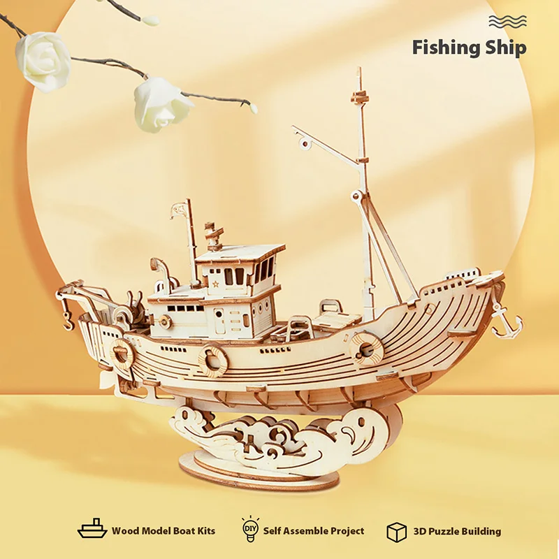 Robotime Rolife Educational Toys DIY Fishing Ship TG308 Model 3D Assembly Wooden Puzzles for Kids
