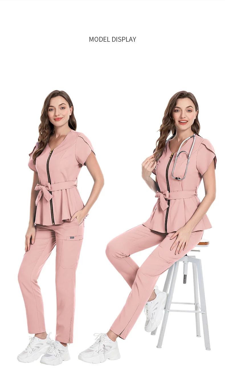 Nursing Uniform Sets Women's Fashion Lace-up Waist Short-sleeved Elastic Overalls Scrubs Nurse Uniforms for Hospital Top & Pants