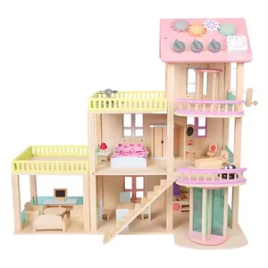 Multi-function Wooden Pretend Play Dollhouse Busy Villa Three-dimensional Building Blocks Educational Learning Toys for Kids
