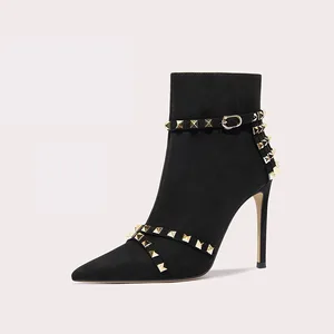 Women Black High Heel Ankle Boots Pointed Toe Rivets Studs Booties Fabric Shoe Upper Stiletto Lady Dress Short Boots