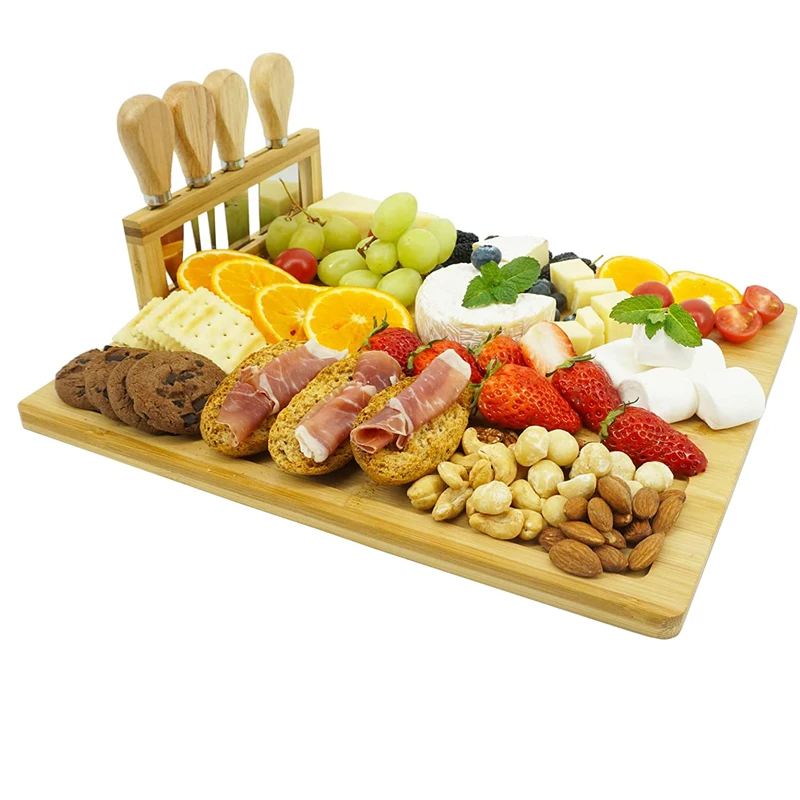 Foldable Bamboo Cheese Board With Utensils Set And 4 Stainless Steel