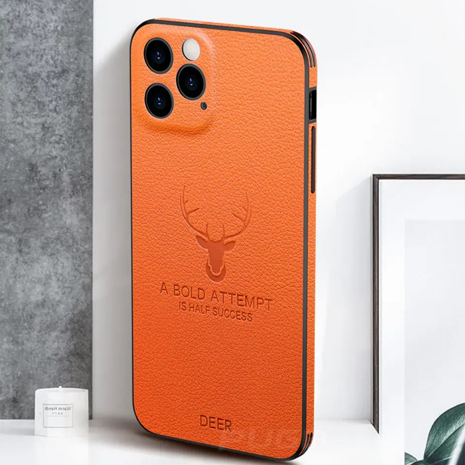 What is Luxury Leather Texture Square Frame Case on for iPhone 14 13 12 11  PRO Max Mini X Xr Xs Deer Camera Protection Shockproof Cover