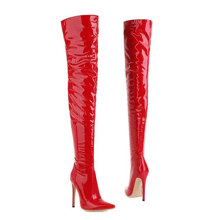 Women Fashion Waterproof Leather Shiny Thigh Long Black Elastic Over The Knee High Boots - Image 2