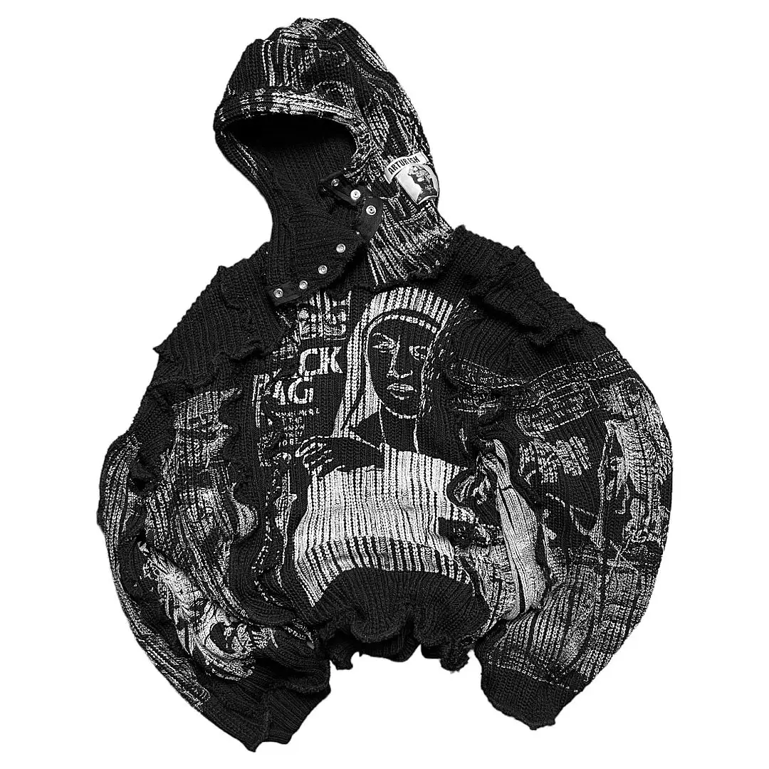 Salati Custom Y2K 460 GSM Cut and Sew Pullover Waffle Knitted Mask Ninja Oversized Acid Wash Hooded Sweatshirts Hoodies for Men gallery 3