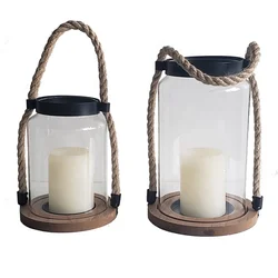 Indoor candle lantern antique glass and wood candle lantern with hemp rope handles