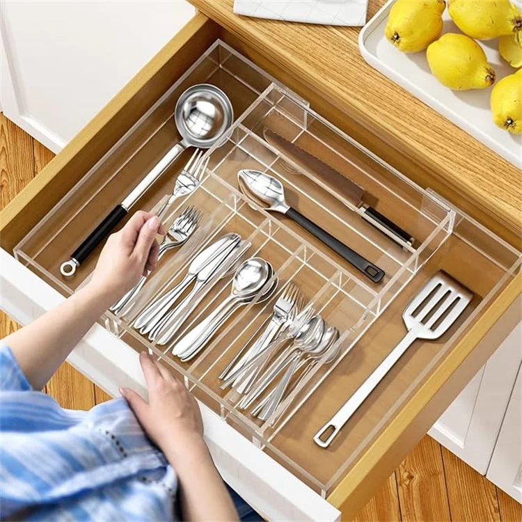 Expandable Kitchen Drawer Organizer for Flatware and Utensils,Clear Acrylic Adjustable Silverware Tray for Drawer,Office