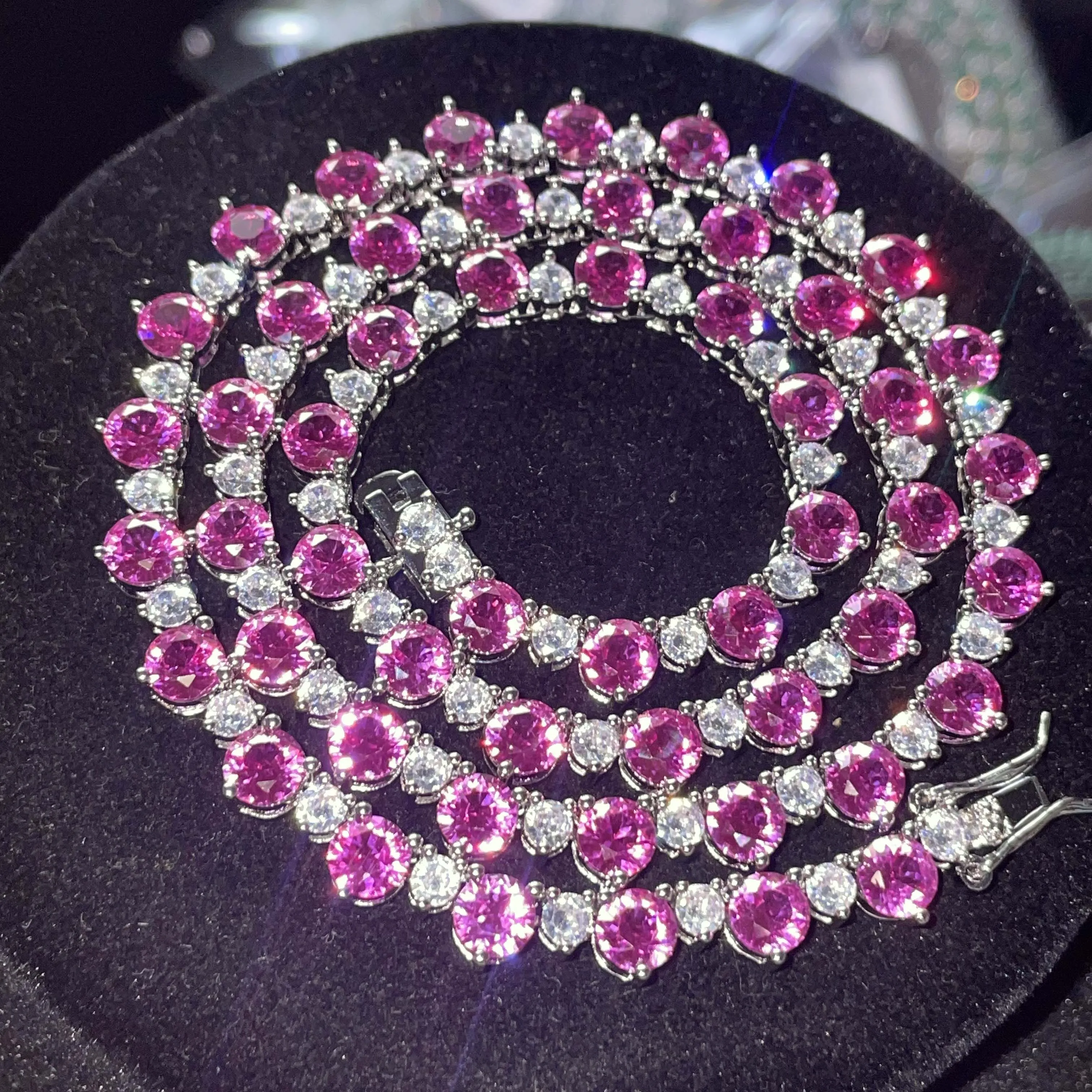 Prong Set 5mm Red Corundum Ruby Round Mix CZ Zircon Chains Bling Cubic Zirconia Diamond Malay Jade Tennis Chain Necklace