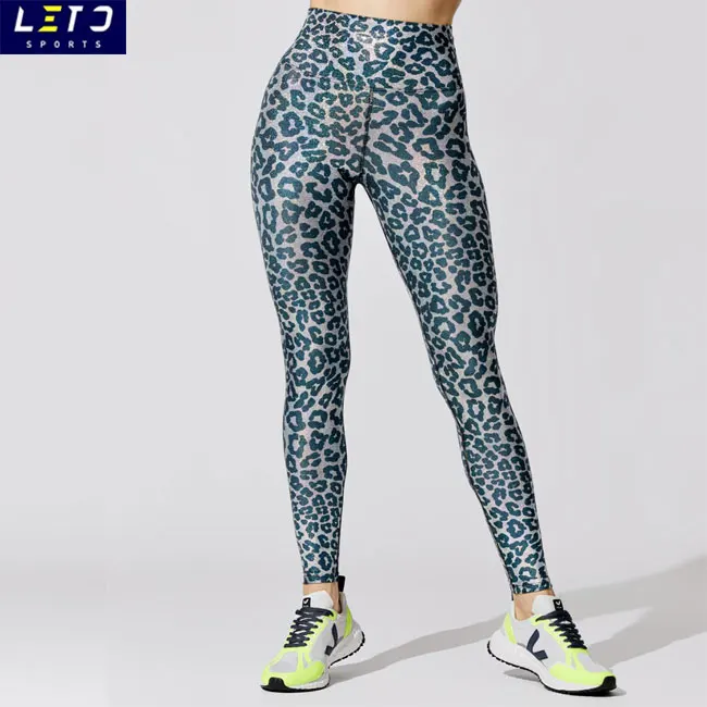 Custom Shiny Foil Animal Print Pants Leopard Print Yoga Set Liquid Leggings