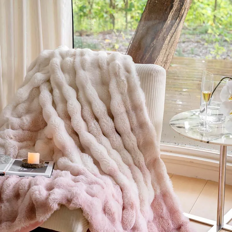 Lekki Luksusowy Wysokiej Jakości Koc z Fikuśnego Króliczego Futra, Dwuwarstwowy Gruby Koc na Drzemkę w Biurze, Pokrowiec na Kanapę na Zimę