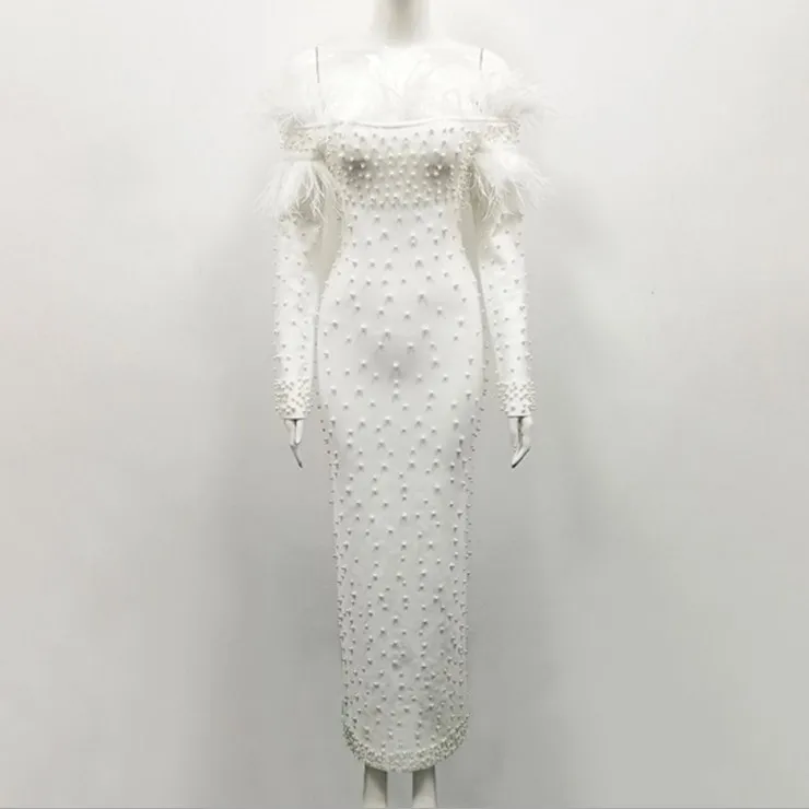 Latest Arrival Off Shoulder Feather Bandage Tight Nail Bead White Party Dress Long Sleeve Dresses Evening Dresses