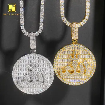 Iced out baguette CZ diamond pendant hip hop round Allah pendant gold plated brass pendant with rope chain