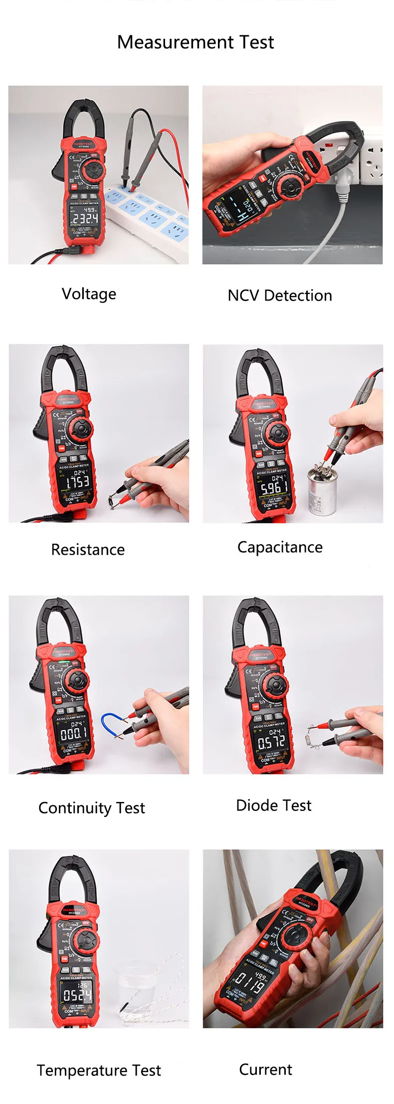 HABOTEST HT208D VFD Digit NCV Capacitance Frequency Inrush 1000A AC DC Amp Digital Clamp Meter Multimeter AC/DC CE