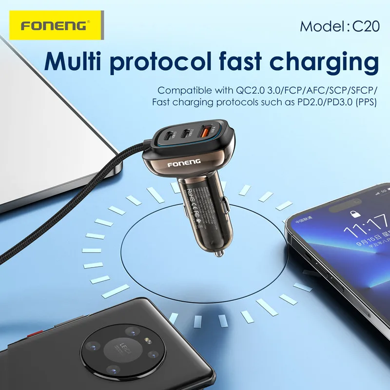 Foneng 2024 Top Selling Build In Cables C20 A+c+c 3-port Car Charger ...