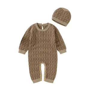 Autumn Winter Lovely Baby Romper Sets 100% Cotton Knitted Long Sleeve Baby Rompers Sets With Warm Hat Infant Baby Jumpsuit