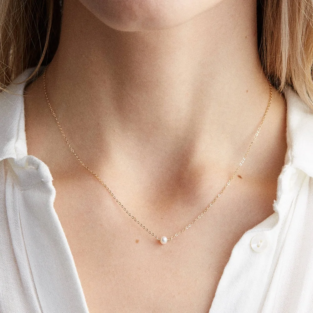 Classical New Korean Simple Design Stainless Steel Single Faux Pearl Charm Chain Necklace