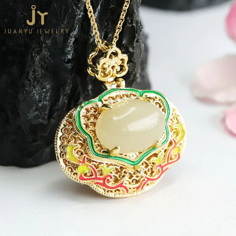Enamel Natural Stone Choker Necklace Vintage Hetian Jade Pendants Chinese  Style Ruyi Shape Gold Plated Pendants Necklace