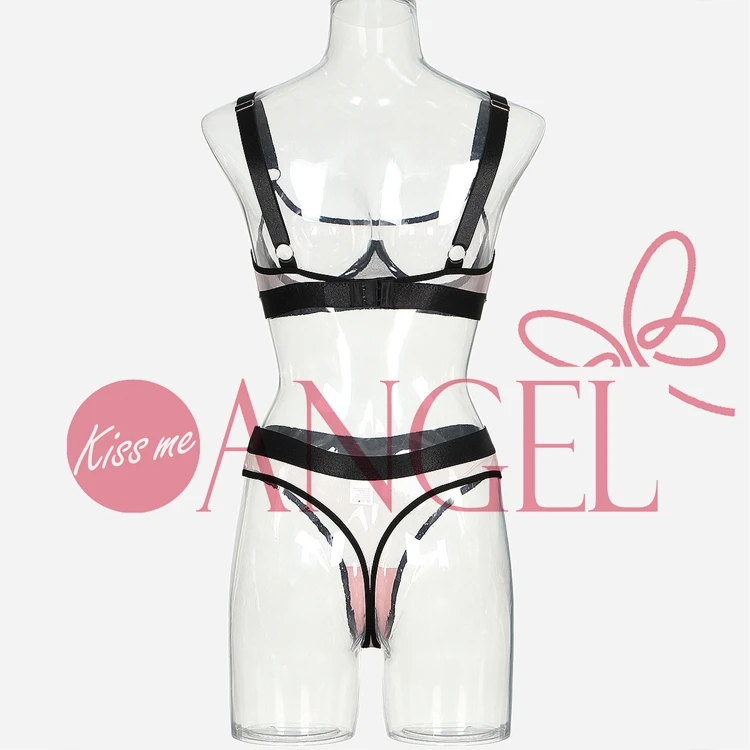 KISS ME ANGEL Simple Transparent Mesh Splicing with Steel Ring Two-piece Set Cute Girl Sexy Bra Panty Set Images