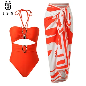 JSN 2026 New Design Halter Hollow Out Solid One Piece Bikini with Print Swimdress Women's Fashionable Swimsuit Sexy Beachwear