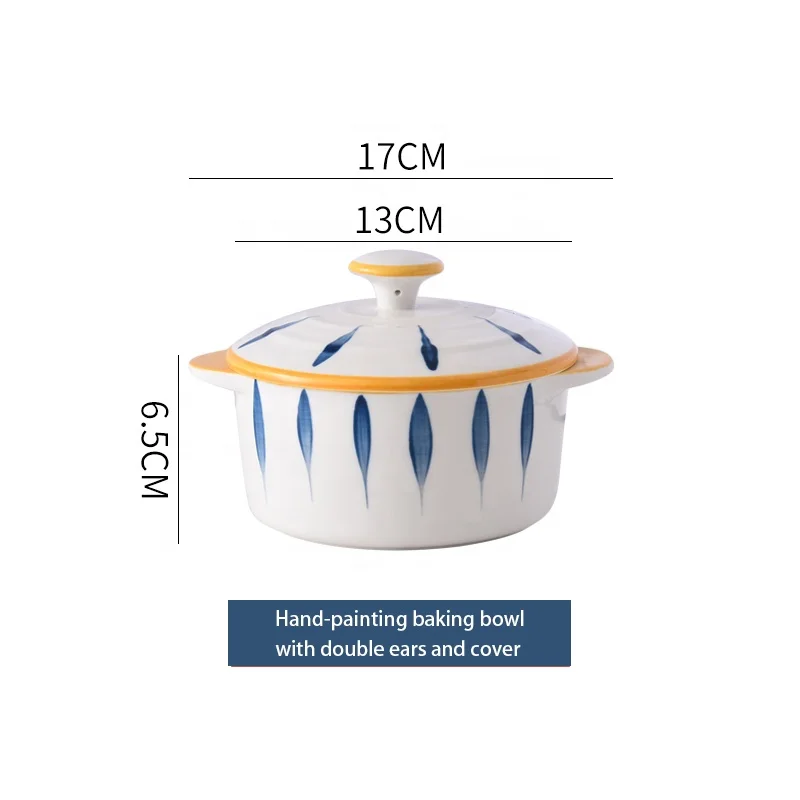 Creative Design Blue Leaf Pattern 600ml Big Bowl Ceramic Serving Bowls with Lids and Two Handles Soup Bowl