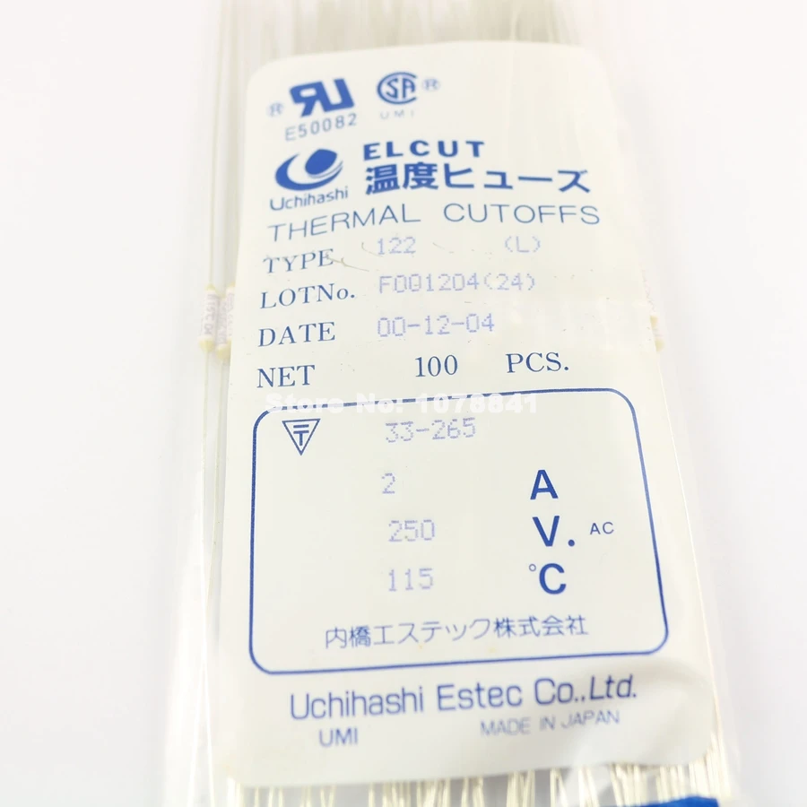 Termofusibili ELCUT UMI 122 - 5 Pezzi, 115&deg;C 2A 250V, Collegamento Assiale, Nuovi