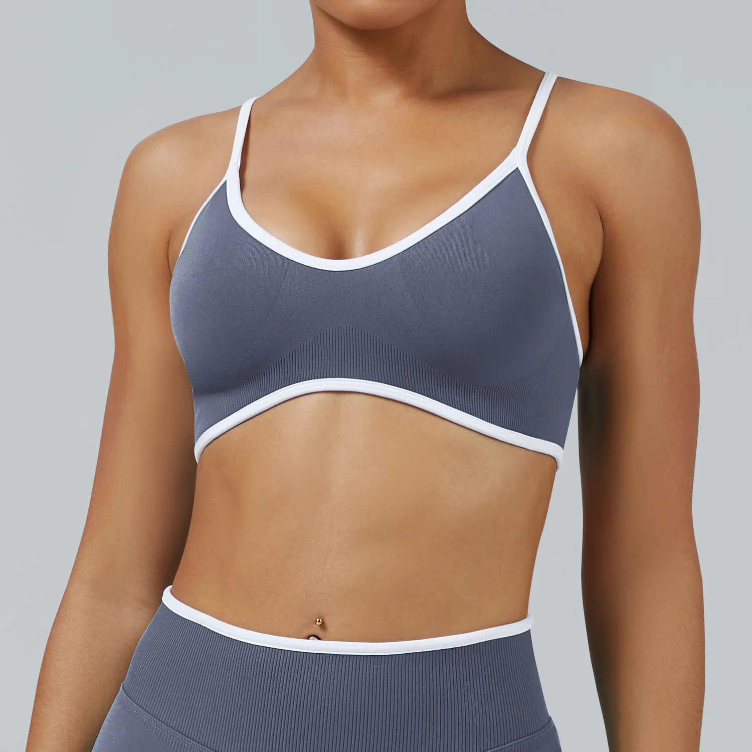 High Support Spaghetti Strap Shockproof Yoga Sports Bra with Front Logo and Color Contra preview