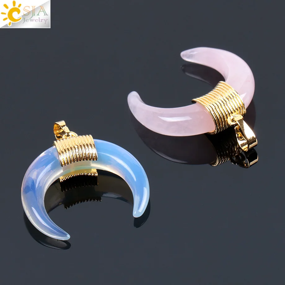 CSJA Natural Stone Horn Crescent Moon Pendant Jewelry Reiki Healing Crystal Charm for Jewelry Making F064