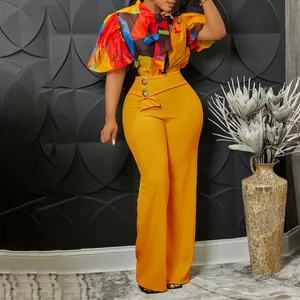 Trendy Ladies Suits Office Wear Outfits for Women Short Sleeve Printed Shirt and Wide Leg Pants Two Piece Set for Women