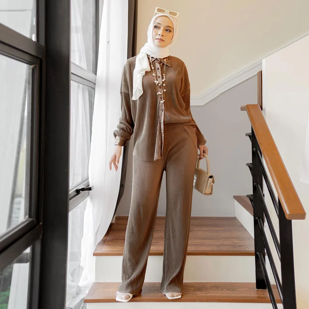 Smart Casual Outfit Style Muslimah Casual 2024 Muslim Sets Women's Fashion  Asymmetrical Blouse With Wide Leg