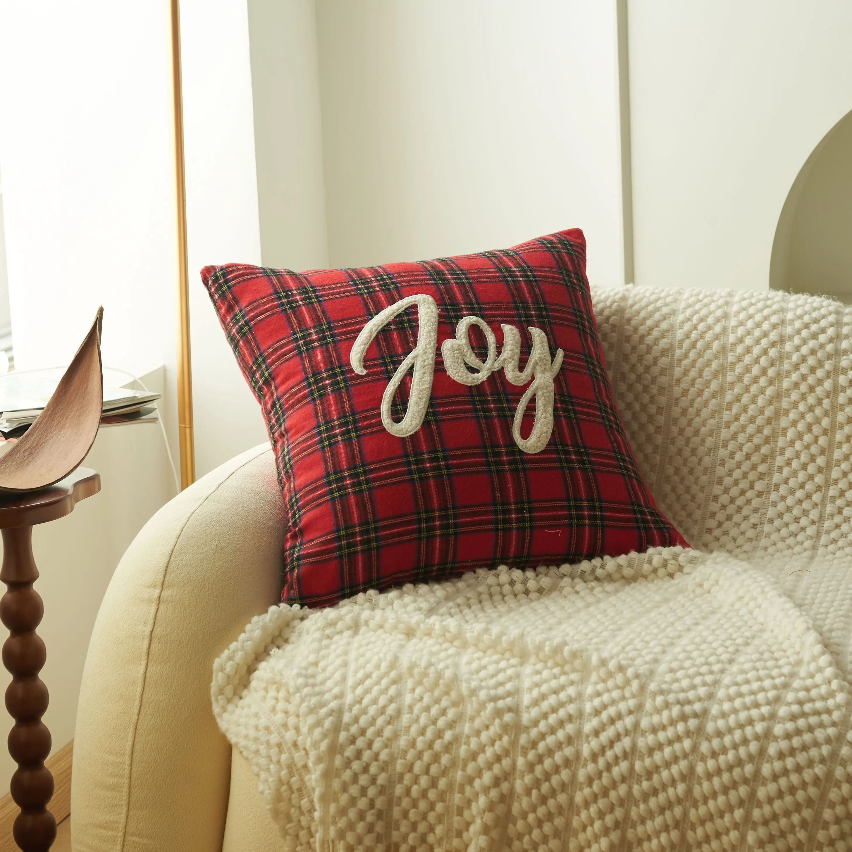 Embroidered Plaid Cushion Cover Christmas Pillow Cover Buy Joy Applique Christmas Pillow Cover