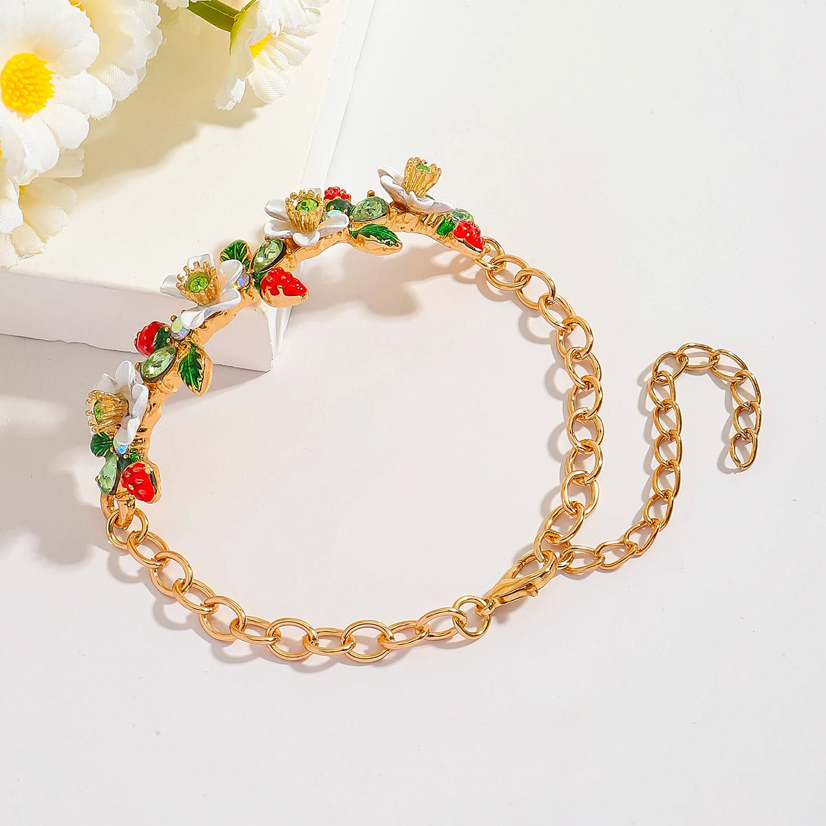 Elegant Strawberry Flower Enamel Bracelet