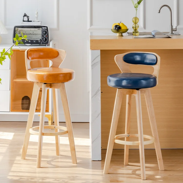 Solid Wood Modern Simple Back Swivel Elegant Stool Kitchen Tall Dining Chairs Italy Wooden and Leather Bar Chair for Bars