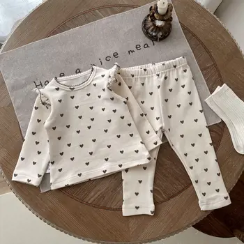 Ins Autumn and Winter small loving heart baby suit infant flounced sleeve home clothes infant bottoming two-piece set