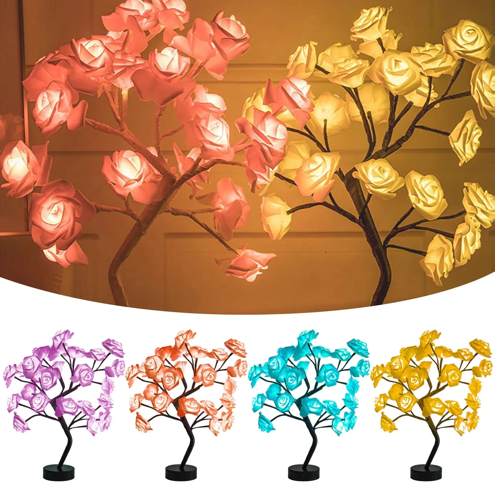 LED Table Lamp Rose Flower Tree USB Night Lights  Gift For Kids  Home Decoration 