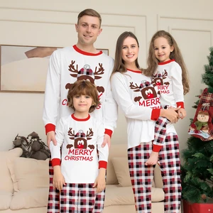Custom Logo Two Piece Plaid Printed Top and Pants Matching Graphic Christmas Pajamas for Family Wear Women