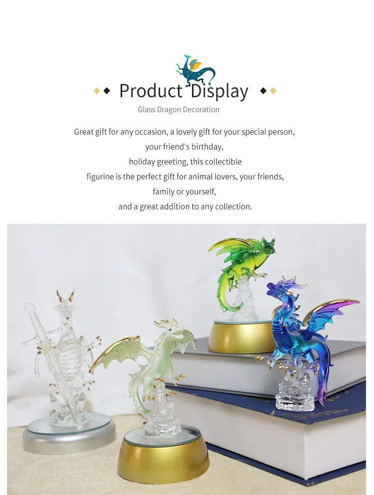 Hand blown blue spun glass dragon classic figurines with stand handmade Chinese Dragon Miniature animal art for sale factory