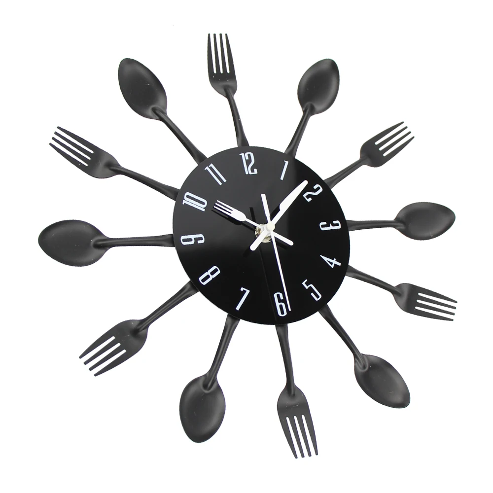 Modern Black Cutlery Retro Wall Clock Fork & Spoon Kitchen Decoration New 