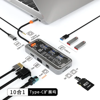 usb c hub 10 in 1 docking station Type-C to PD HD-MI USB3.0*3 SD TF ethernet RJ45 1000M VGA AUDIO3.5mm audio