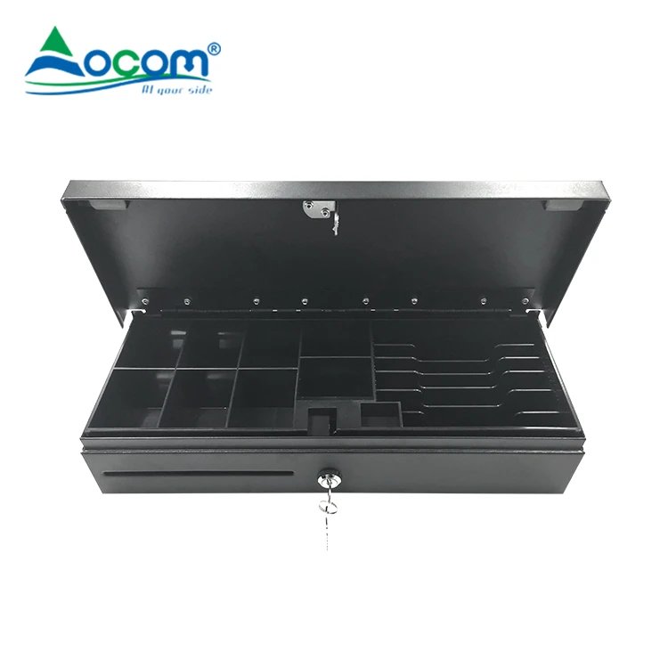 OMCOM ECD-170B Flip Top Metal Cash Drawer 6 Bill and 8 Coin Trays 2 Position Lock RJ11 Checkout Counters