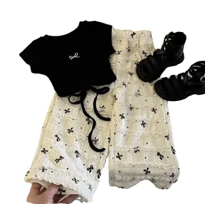 Korean Clothes 2026 Summer Child Girl Outfit Short Sleeve Bow Print Backless T Shirt Ruffle Pants 2Pcs Toddler Girl Clothing Set