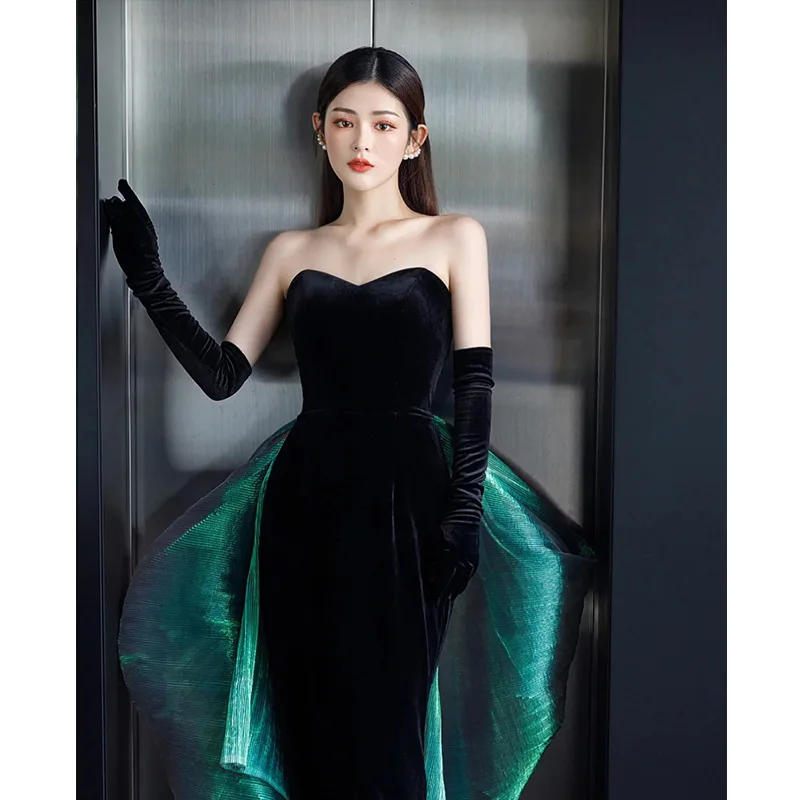 S1775r New Black Velvet Tube Top Bow Evening Dress Banquet Catwalk Evening Dress S1775r New Black Velvet Tube Top Bow Evening Dress Banquet Catwalk Evening Dress