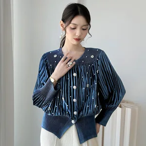 2026 Latest Miyake Pleated Top & Cardigan Elegant Casual Beaded Embroidered T-Shirt Technique Fashion Leisure Women's Blouse