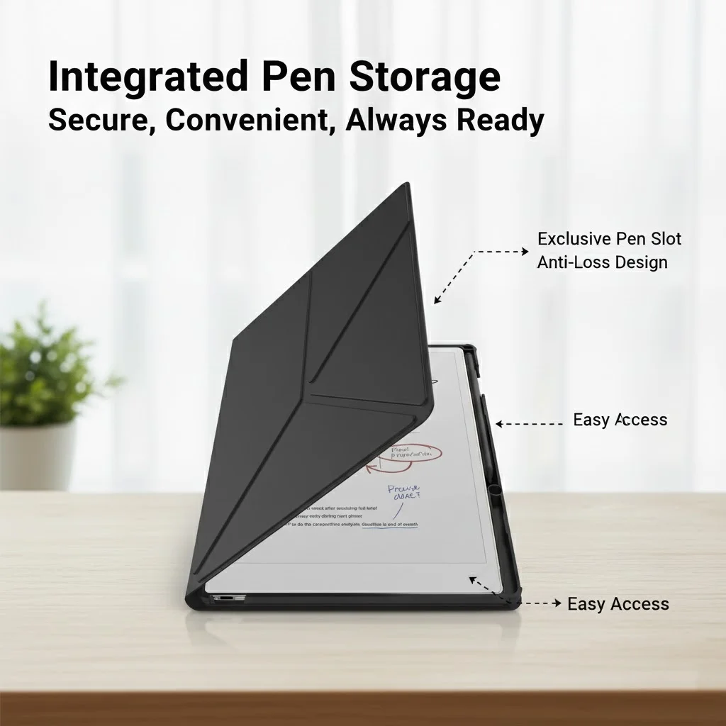 product laudtec  pcpu leather e reader case with pen slot  k shaped kickstand for viewing for remarkable paper pro  black-4