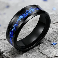 Guangzhou in Stock Fashion Rings Men Rings 8mm Blue Foils Inlay Black Tungsten Ring for Man Wedding Ring Beveled Edge