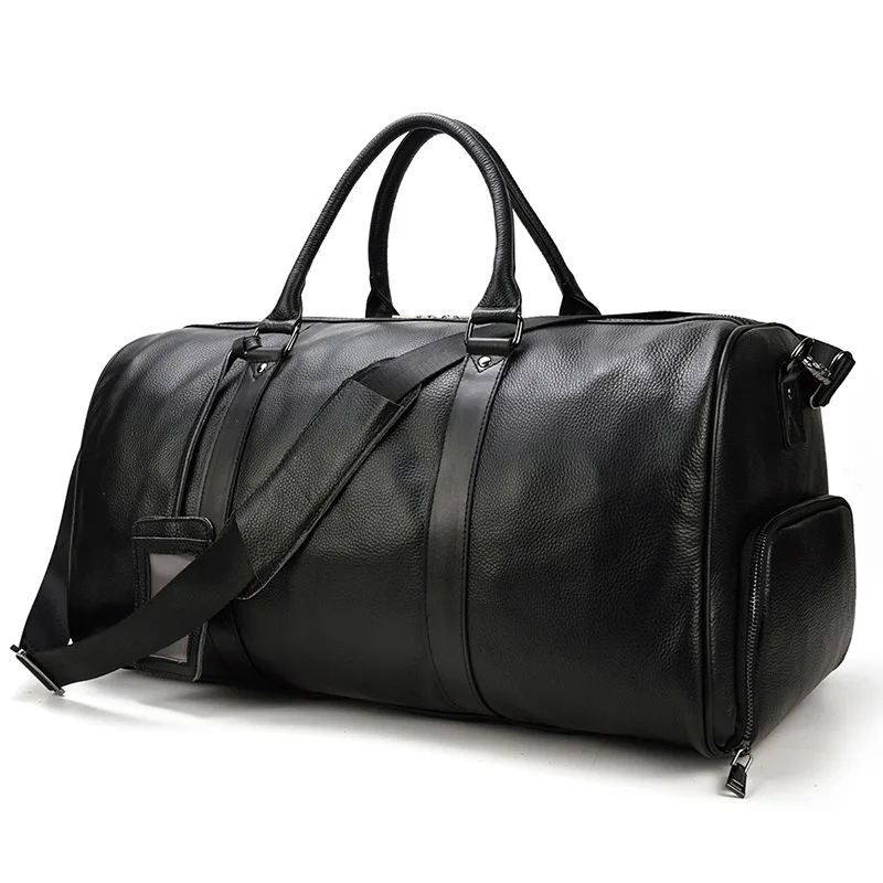 Vintage Men's Outdoor Travel Bag Leather Gym Bag With Shoe Position Cylinder Messenger Bag