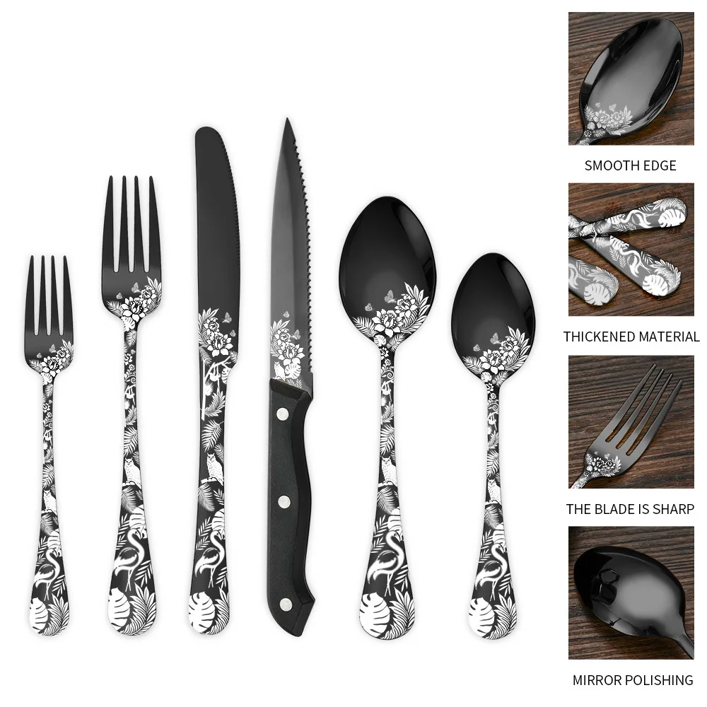 Hot Selling Pattern Handle Wedding Cutlery Set Stainless Steel Steak Knife Dessert Fork Spoon 24Pcs Gold Cutlery Set