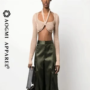 Haute Couture Fashion Women's Casual  Long Sleeve Knit Tailoring Vest Front Tie Bandage Breathable 100% Cotton Camisole