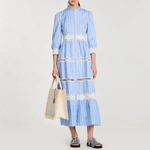 Clothing Manufacturer Custom Spring Autumn Light Blue Crew Neck Long Sleeve Women Striped Cotton Poplin Maxi Dress