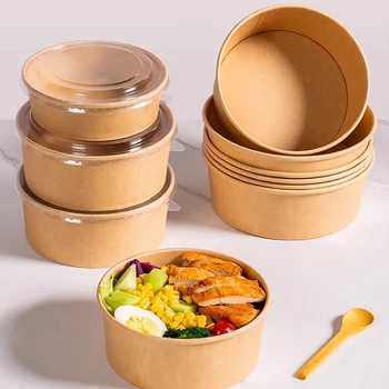 Hot Selling Kraft  Paper Salad Food Container with PP Lids for Fast Food Restaurant Cafe Shop to Go Fast Food Packaging