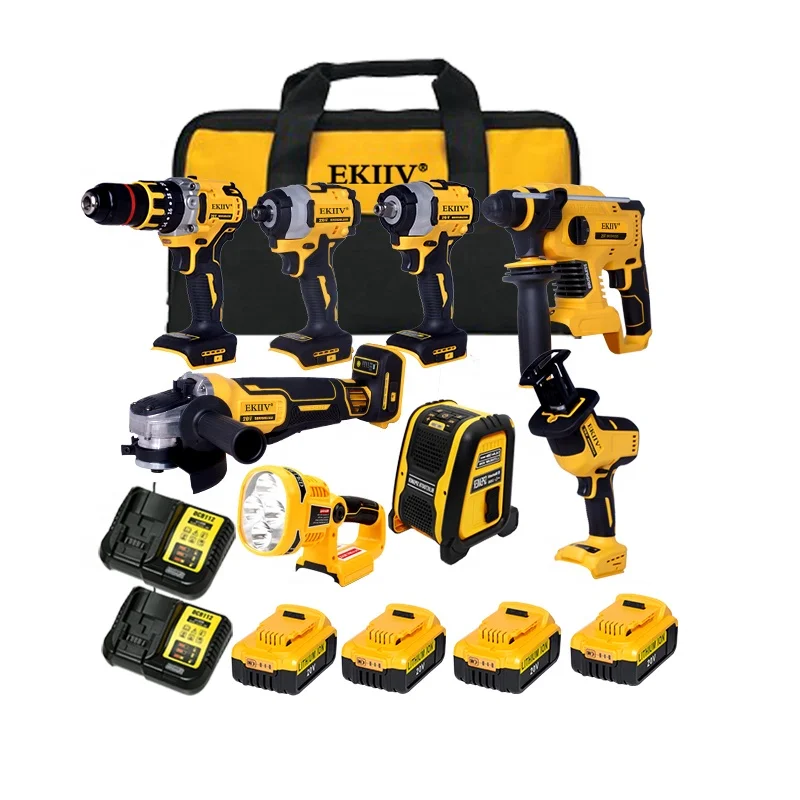EKIIV 20V Power Tools Rechargeable Lithium Electric Hammer Drill Brushless Angle Grinder Cordless Wrench Combination Tool Set